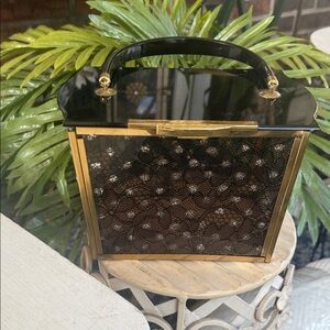 Vintage Majestic Lucite Purse With Black Floral Lace Panels